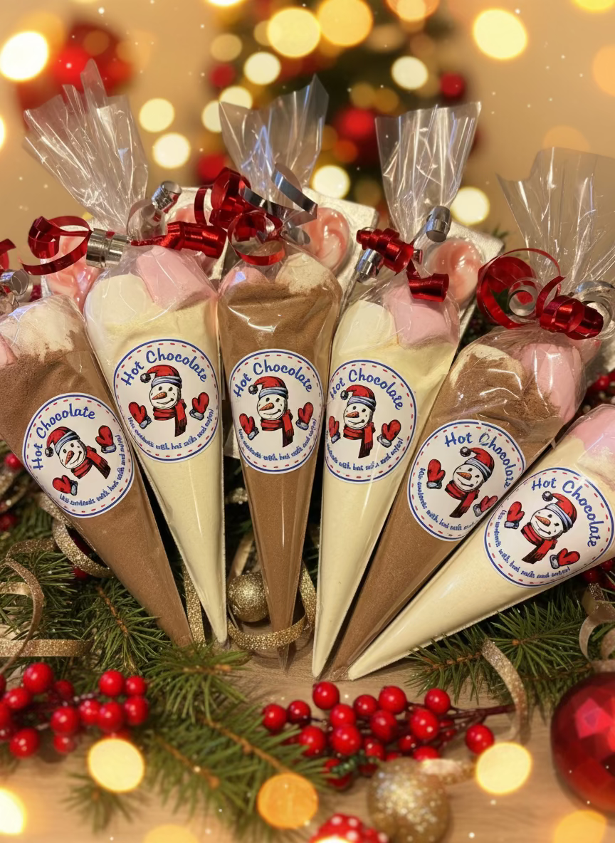 Milk chocolate and white chocolate hot chocolate cones with candy cane stirrer