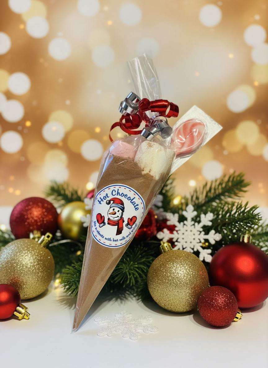 Milk chocolate and white chocolate hot chocolate cones with candy cane stirrer