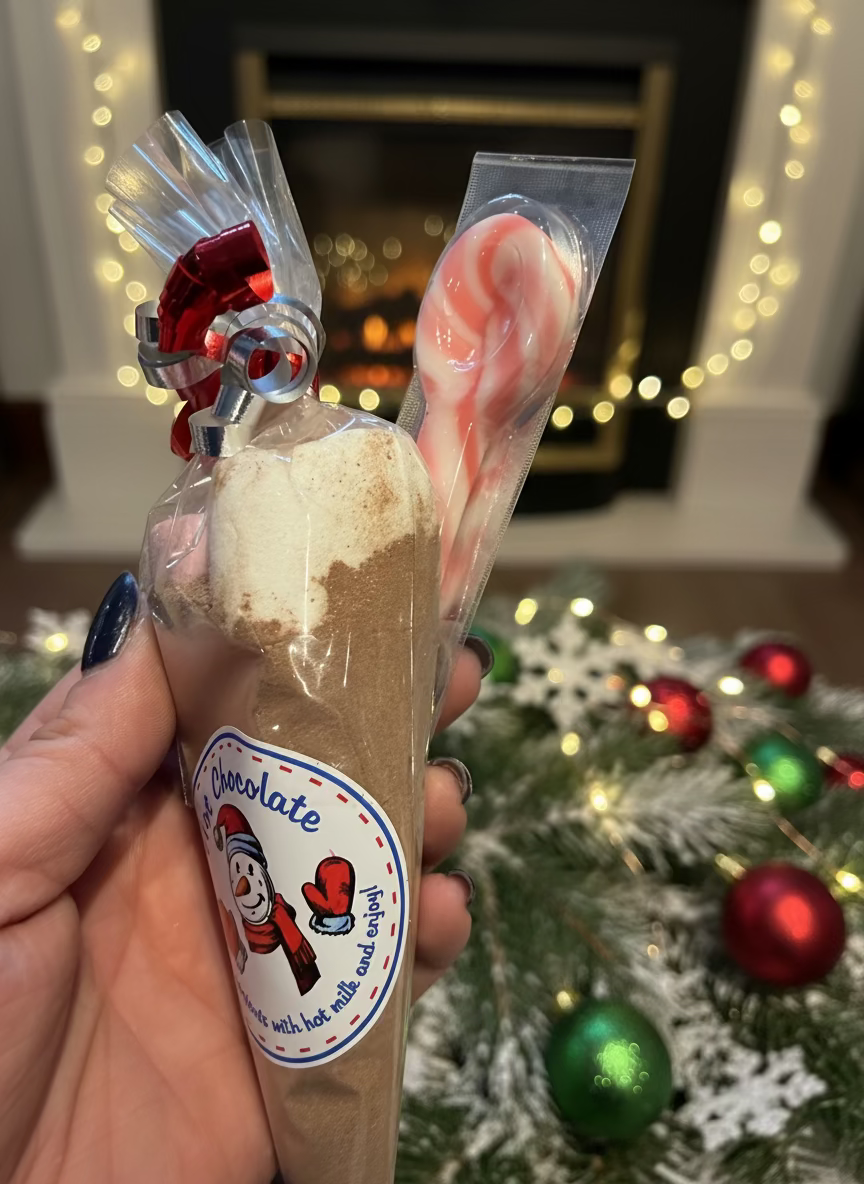 Milk chocolate and white chocolate hot chocolate cones with candy cane stirrer