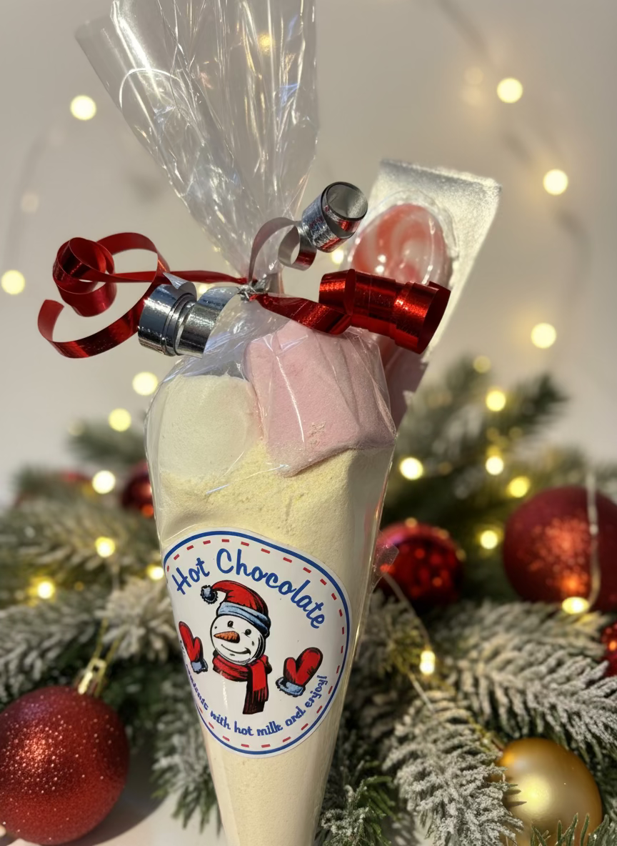 Milk chocolate and white chocolate hot chocolate cones with candy cane stirrer